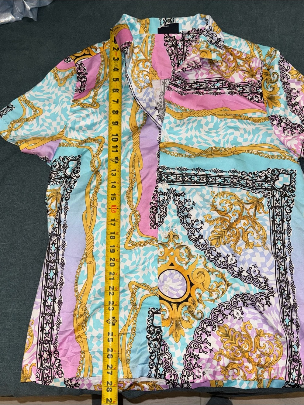 ASOS Pink, Aqua & Gold Baroque Short-Sleeve Button-Up Shirt